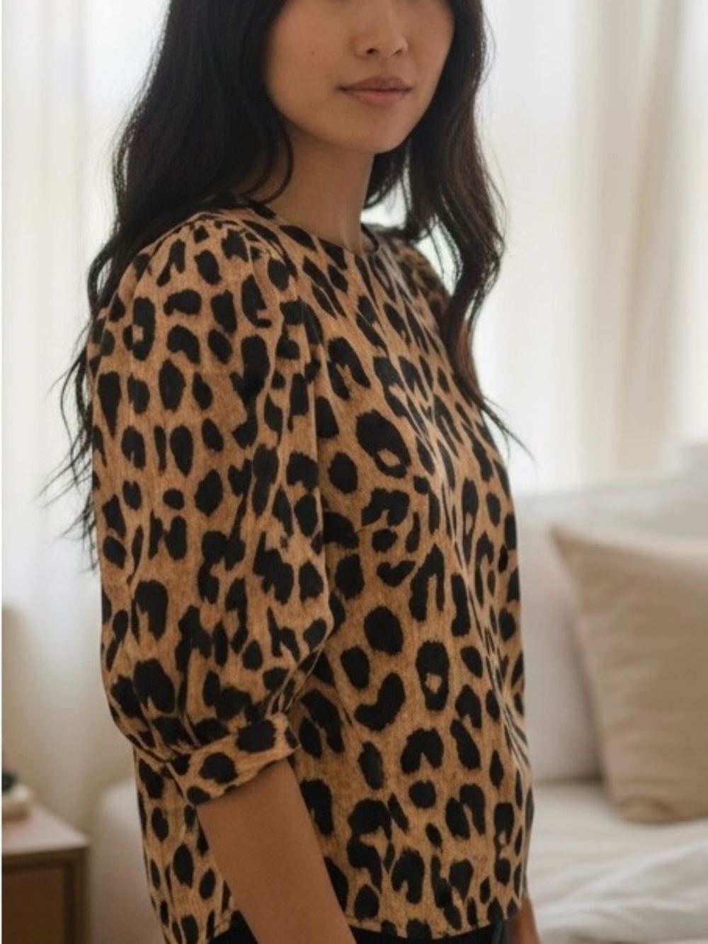 Leopard Print Puff-Sleeve Blouse - Tan/Black